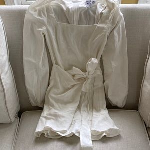 Princess Polly size 2 white mini dress, long sleeves, wrap style, fully lined